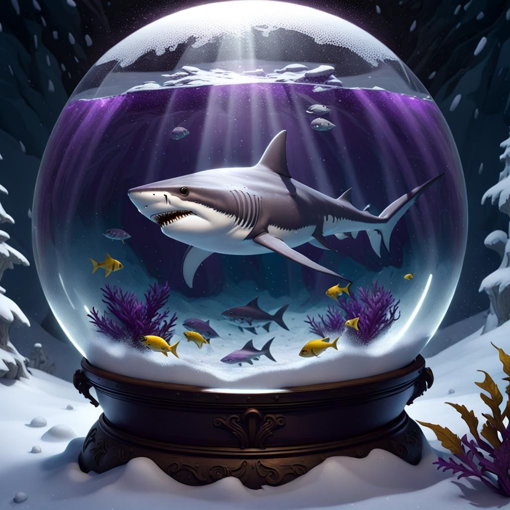 Shark and Stingray in Snow Globe, Fantasy Art