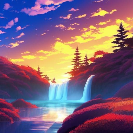 Sunset Waterfall River: Studio Ghibli Anime Visual