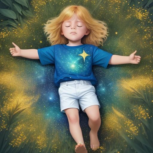 Child Sleeping in Star Meadow: Cosmic Illustration