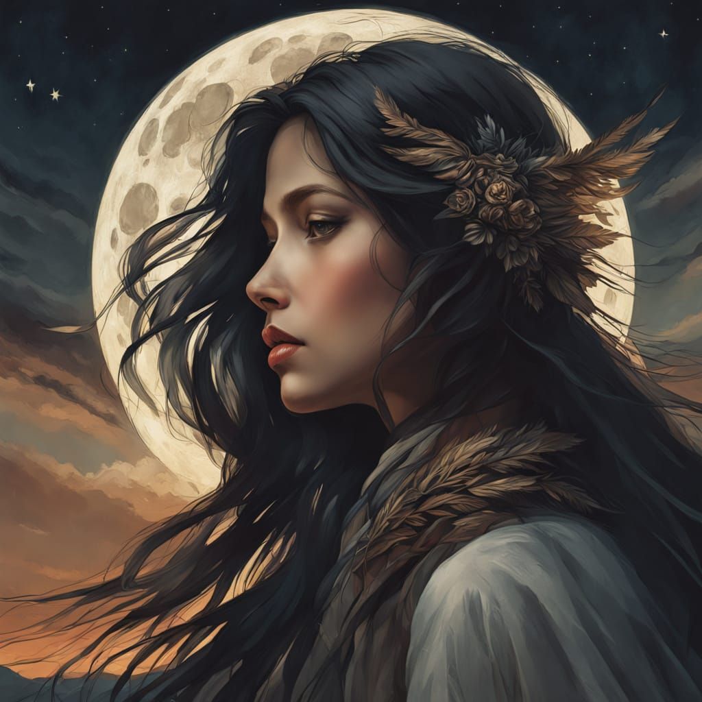 Surreal Woman Under Twilight Moonlit Glow