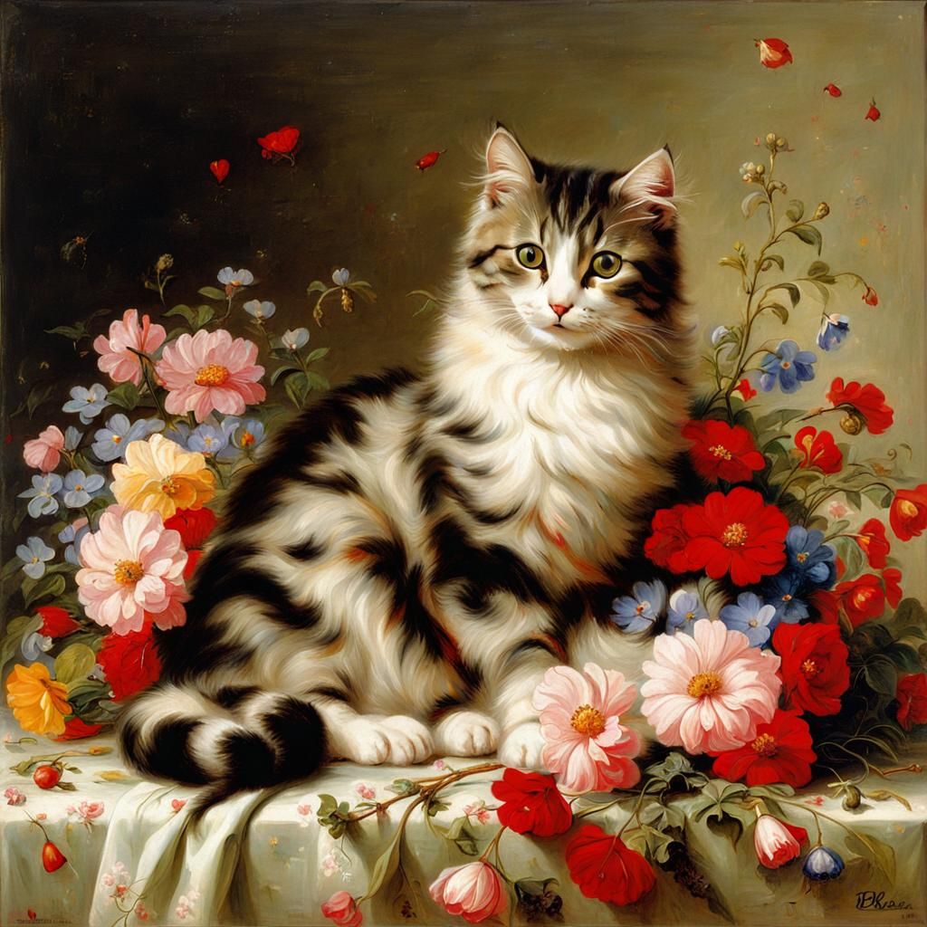 Cute Cat with Flowers in Realistic Style