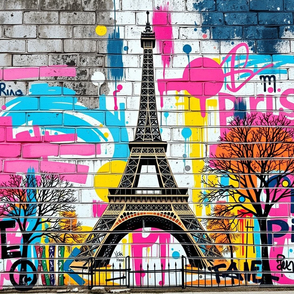 Eiffel Tower Street Art on Brick Wall