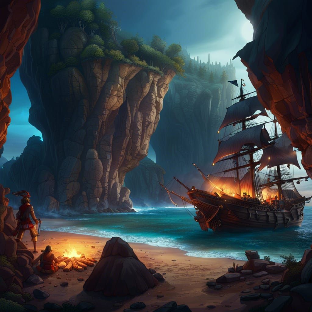 Pirates' Campfire in Coastal Cave: Detailed Matte Painting