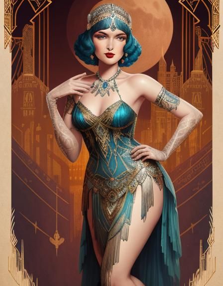 Art Deco Burlesque Vedette in Flapper Gown