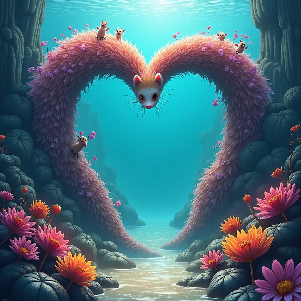 Dreamlike Ferrets Explore Enchanting Garden in Matte Paintin...