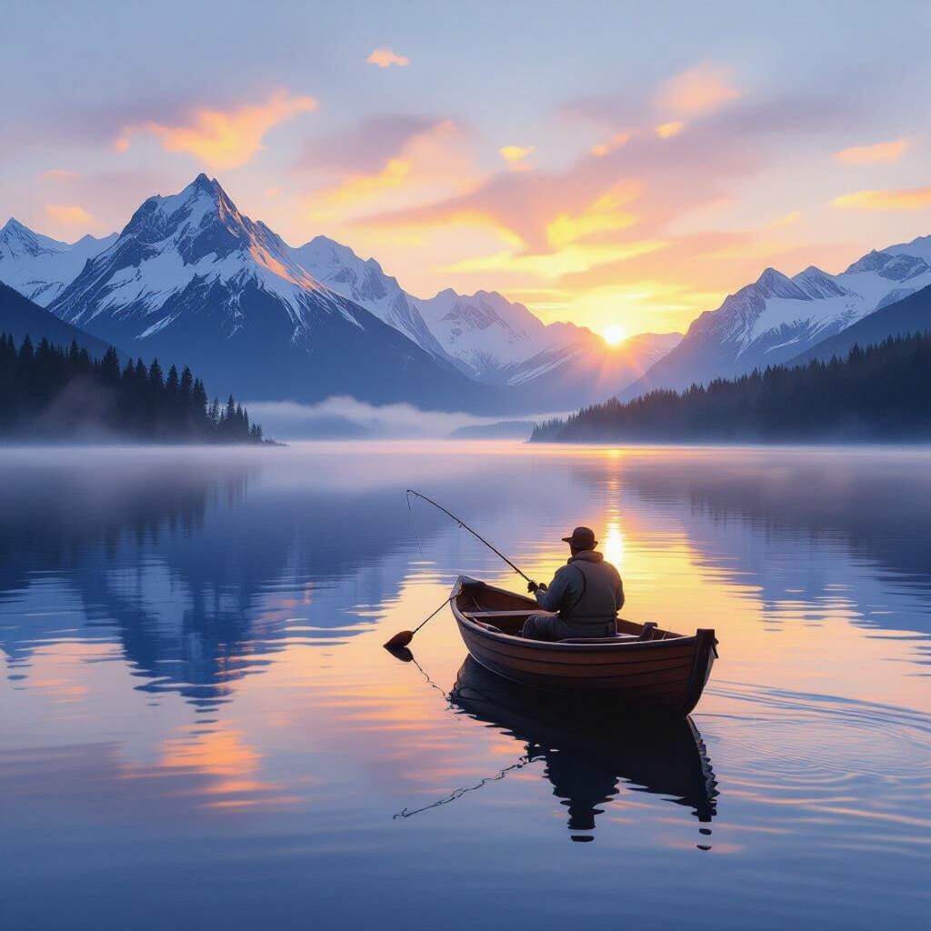 Ethereal Sunrise Lake Scene in Hyperrealistic Style