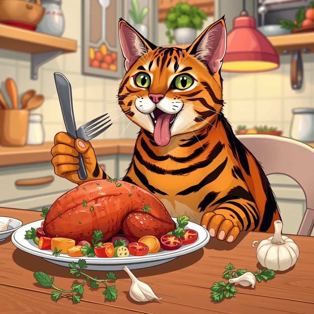 Bengal Cat Ready to Eat, Digital Illustration