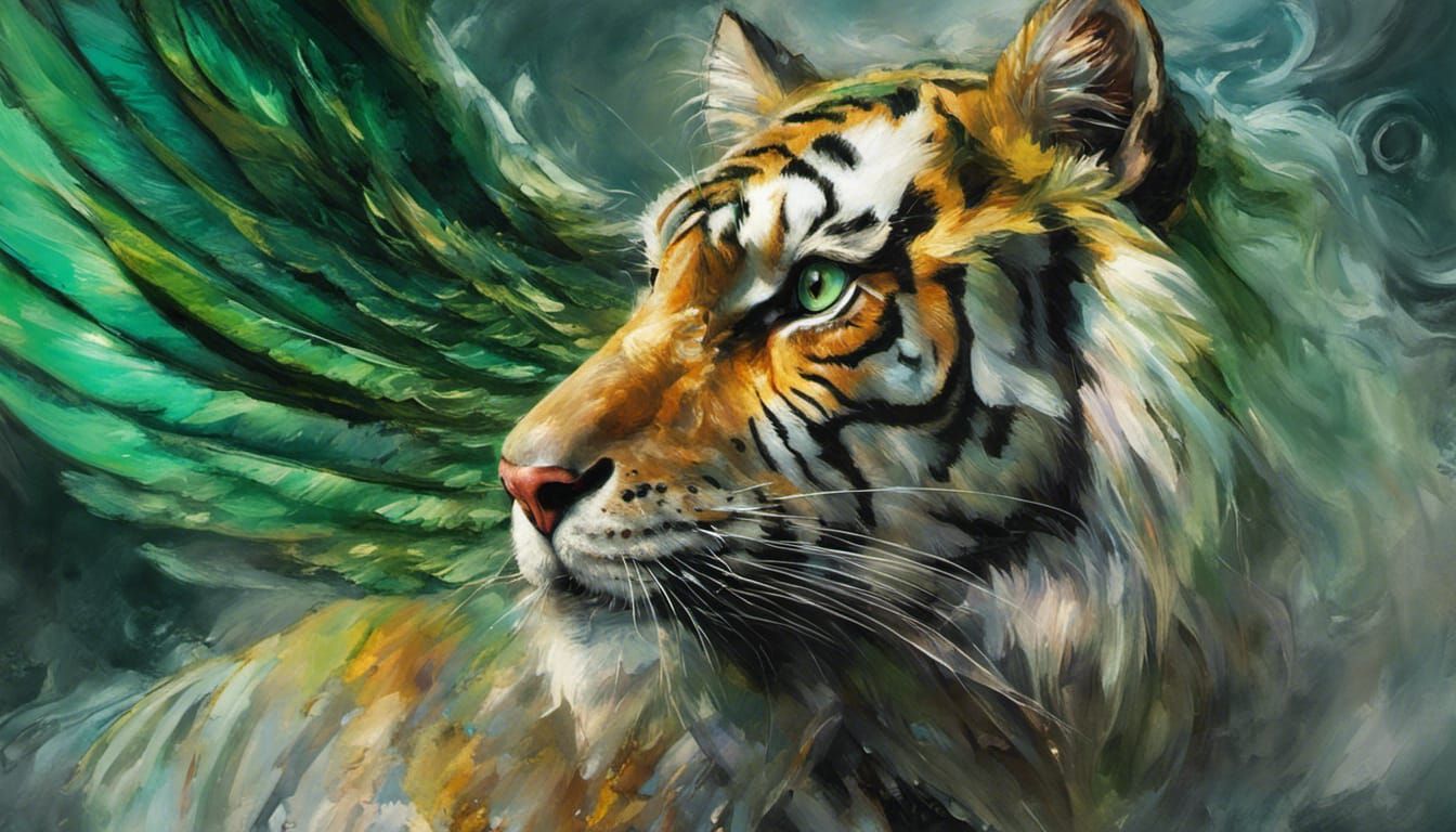 Winged Tiger with Angel Wings in Maximalist Style