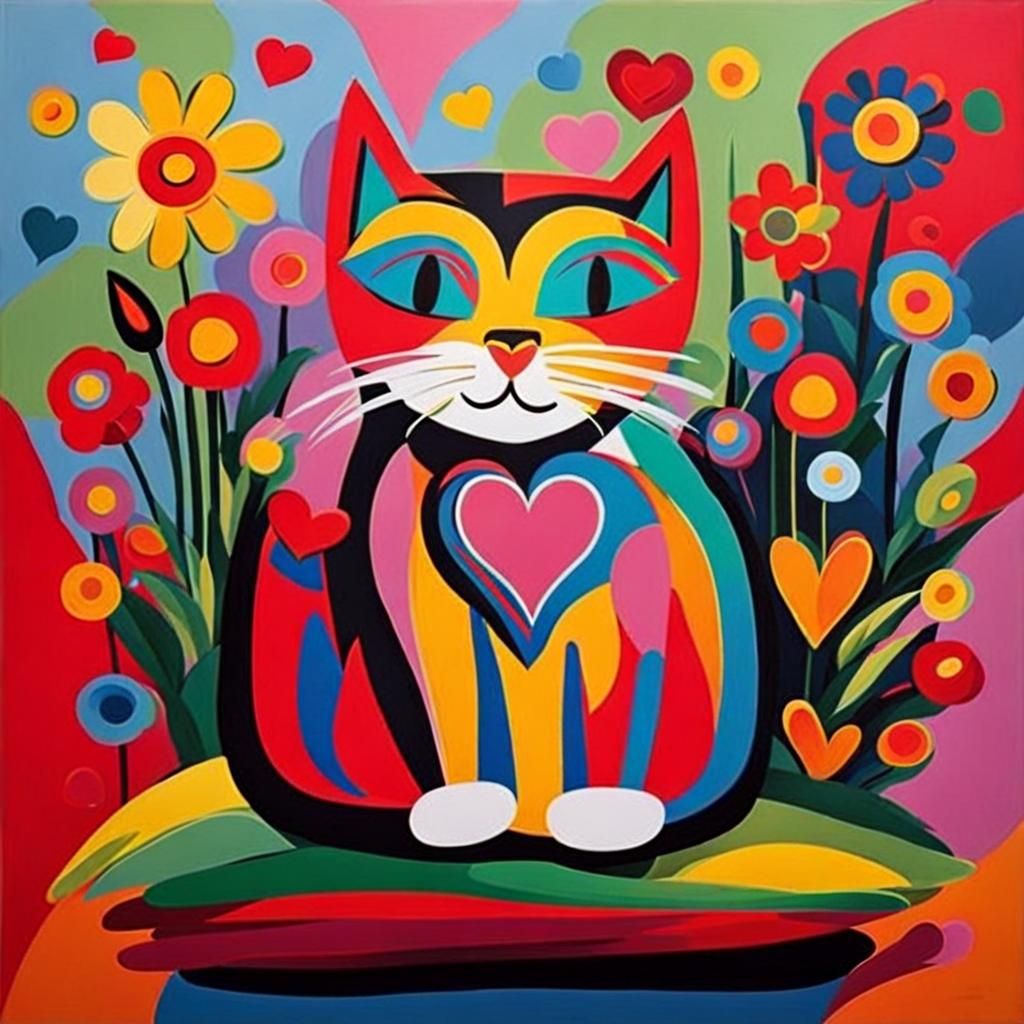 Cat with Flowers in Expressionist Style