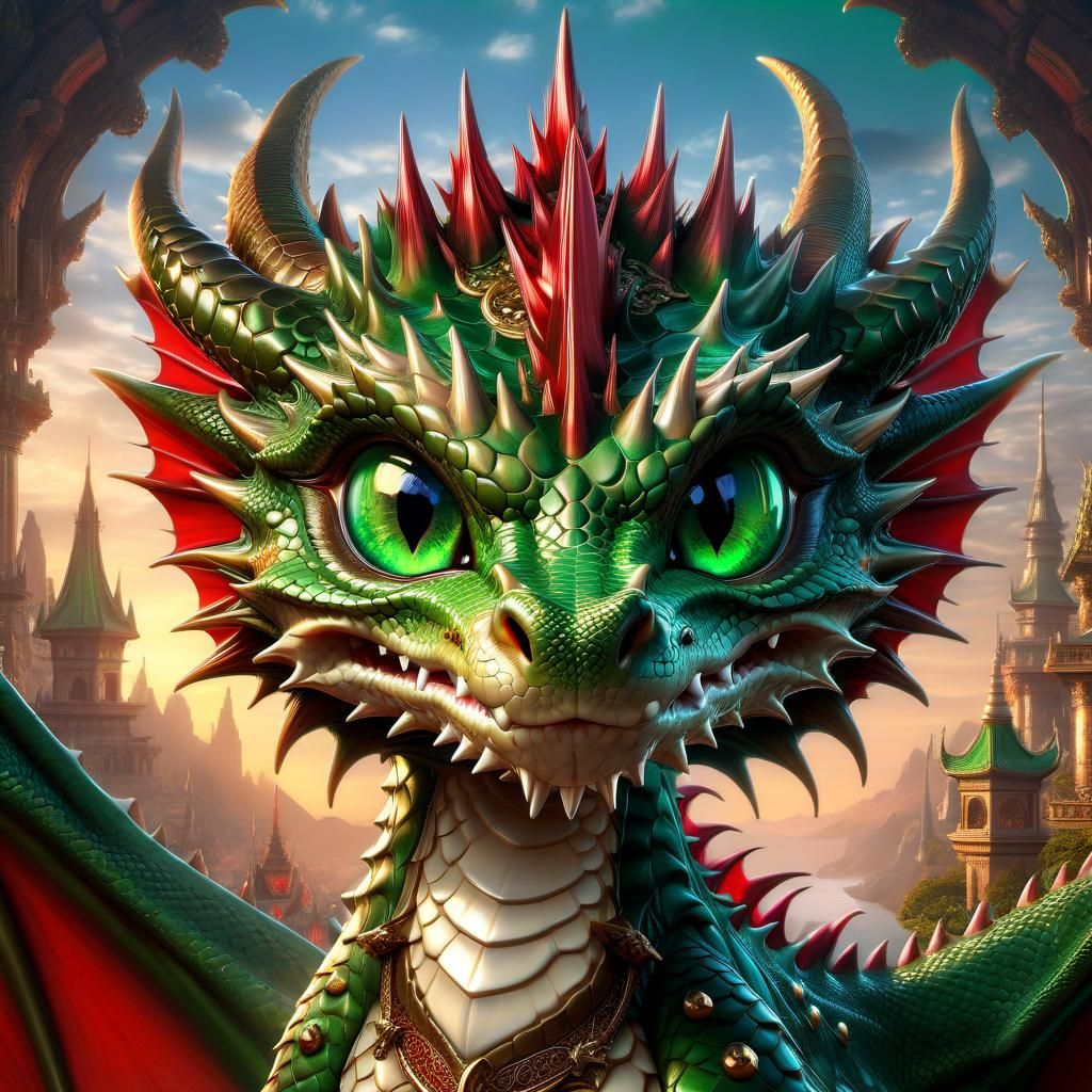 Adorable Green Dragon Portrait in Anime Style
