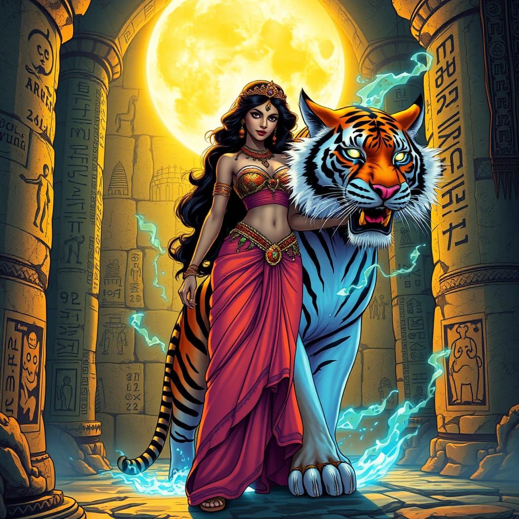 Jasmine Acid Sorceress Commands Tiger in Moonlit Temple