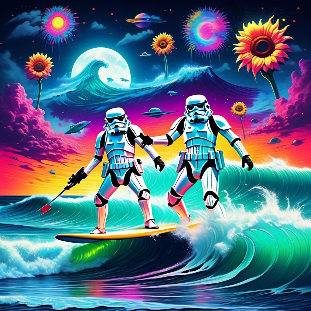 Stormtroopers Surfing: Cyberpunk Neon Dreamscape