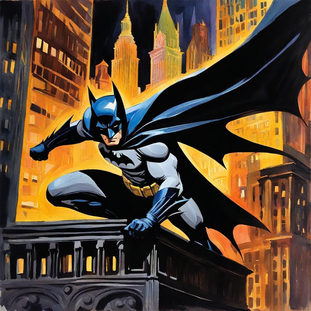 Batman in Dark Gotham, Gouache Impressionist Style