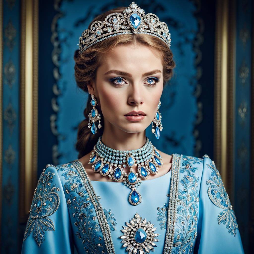 Russian Princess Portrait in Slavic Dress, Watercolor Style