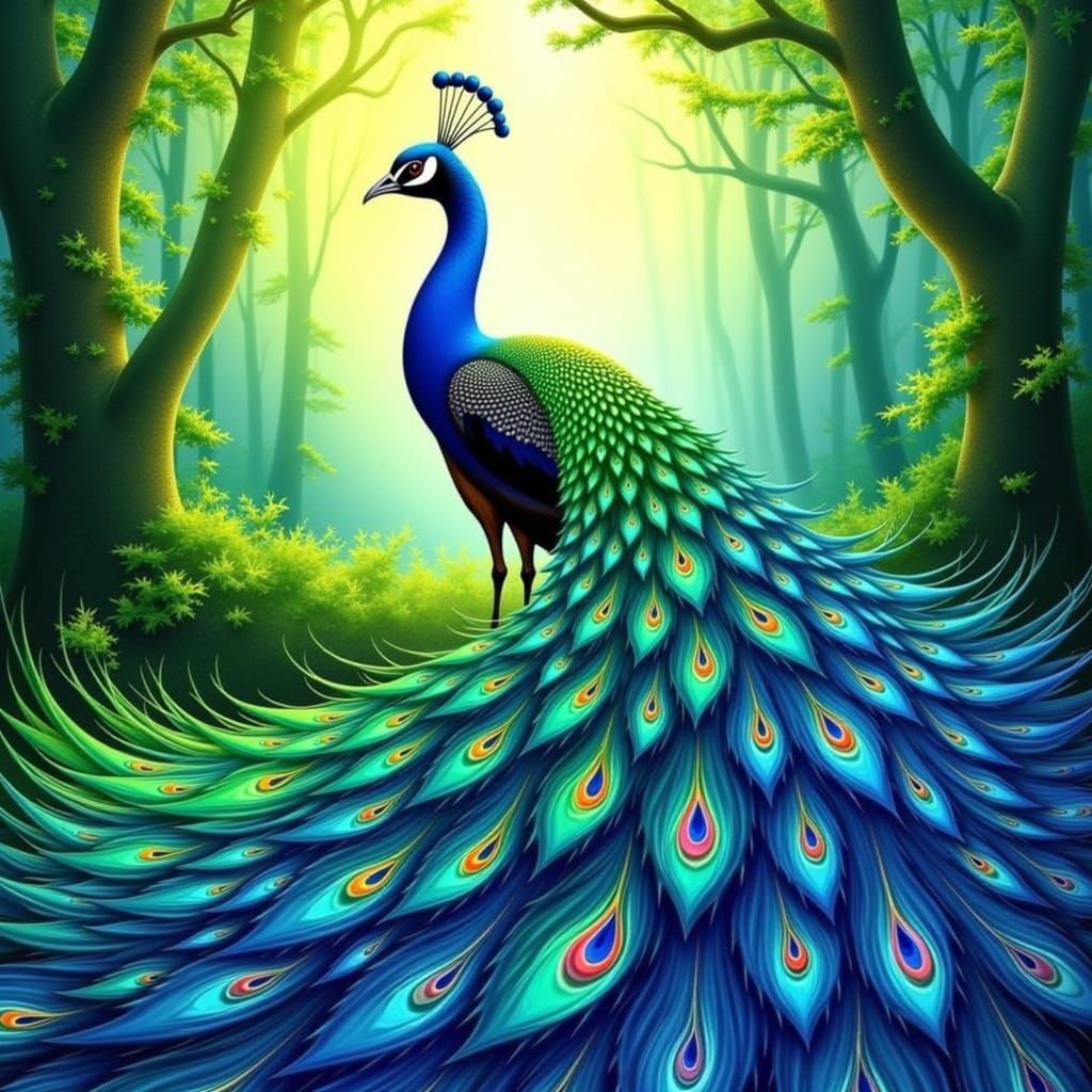 Majestic Peacock in Watercolor Forest Painting