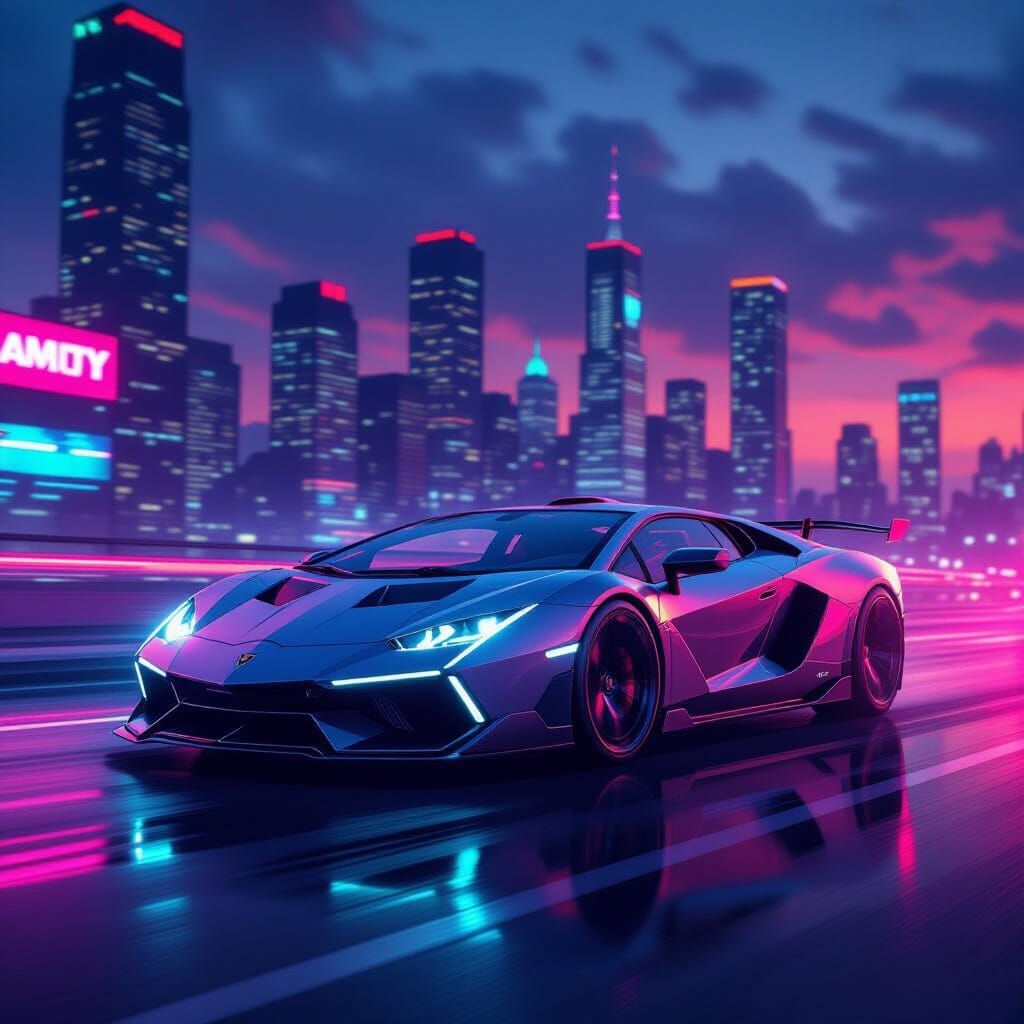 Lamborghini Revuelto in Synthwave Cityscape