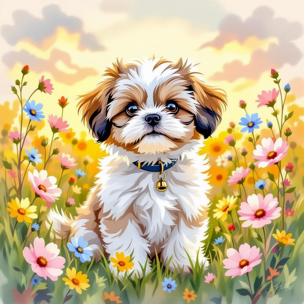 Shih Tzu Puppy in Wildflower Field, Watercolor Style