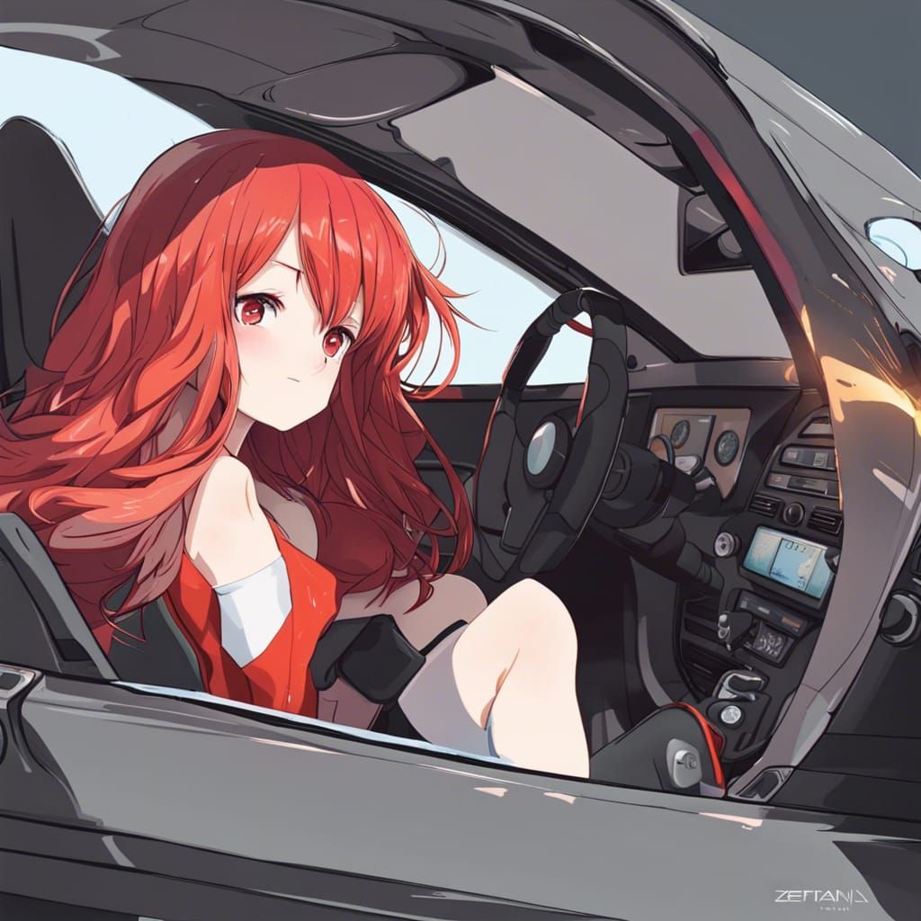 Red-Haired Girl Driving Sports Car in Anime Style