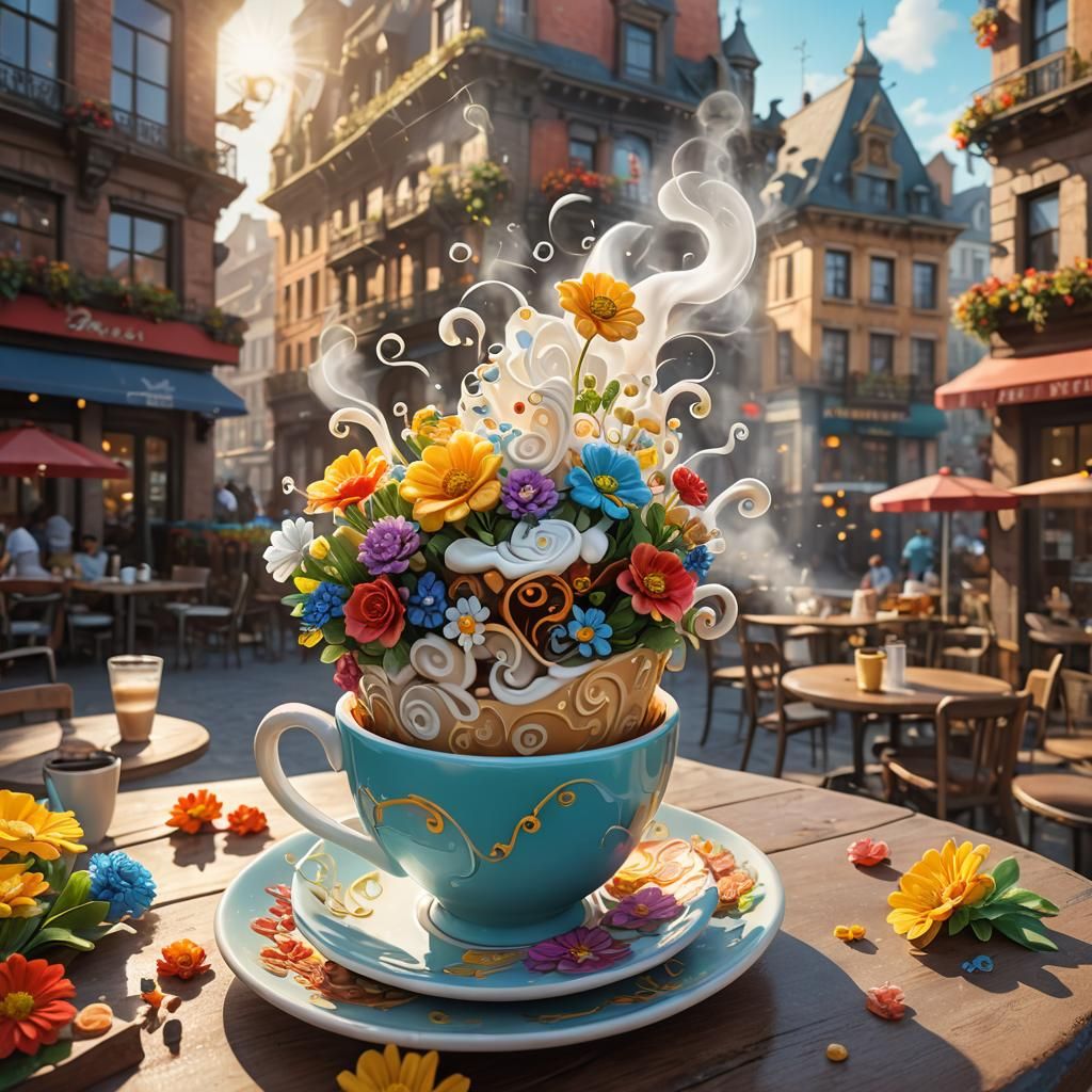 Floral Coffee Cup in Sunlit Cafe: 3D Digital Art