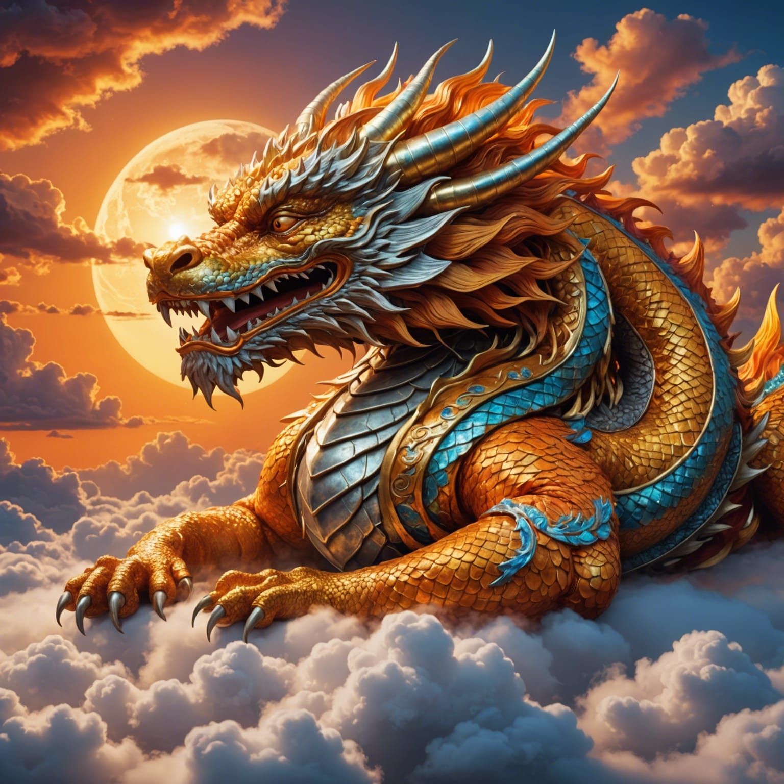 orange fluffy Chinese dragon sleeping on a silvery cloud, sunset, sun rays 8k resolution holographic astral cosmic illus...