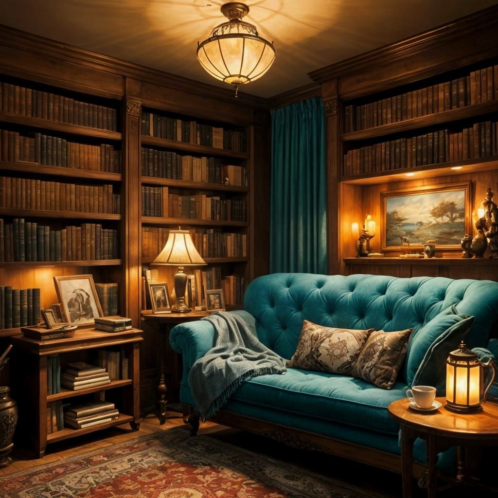 Cozy Reading Nook with Tiffany Lamp & Antique Books