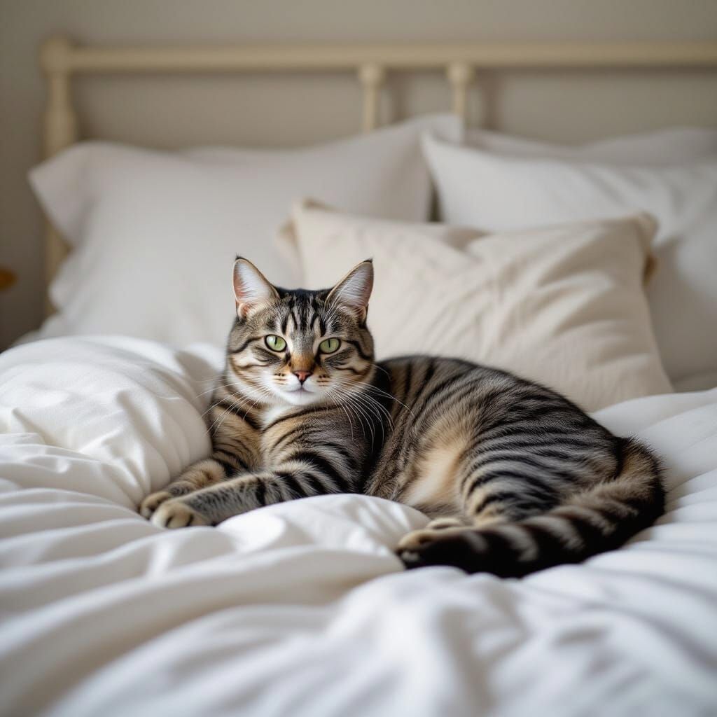 Grey Tabby Cat Lounging in Cozy Whimsical Style