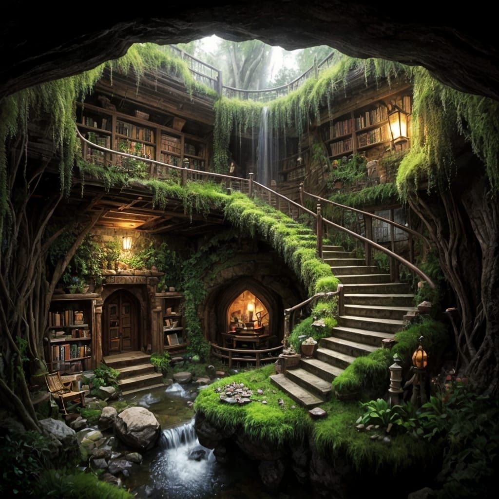 Subterranean Sanctuary in a Miniature Mossy Library