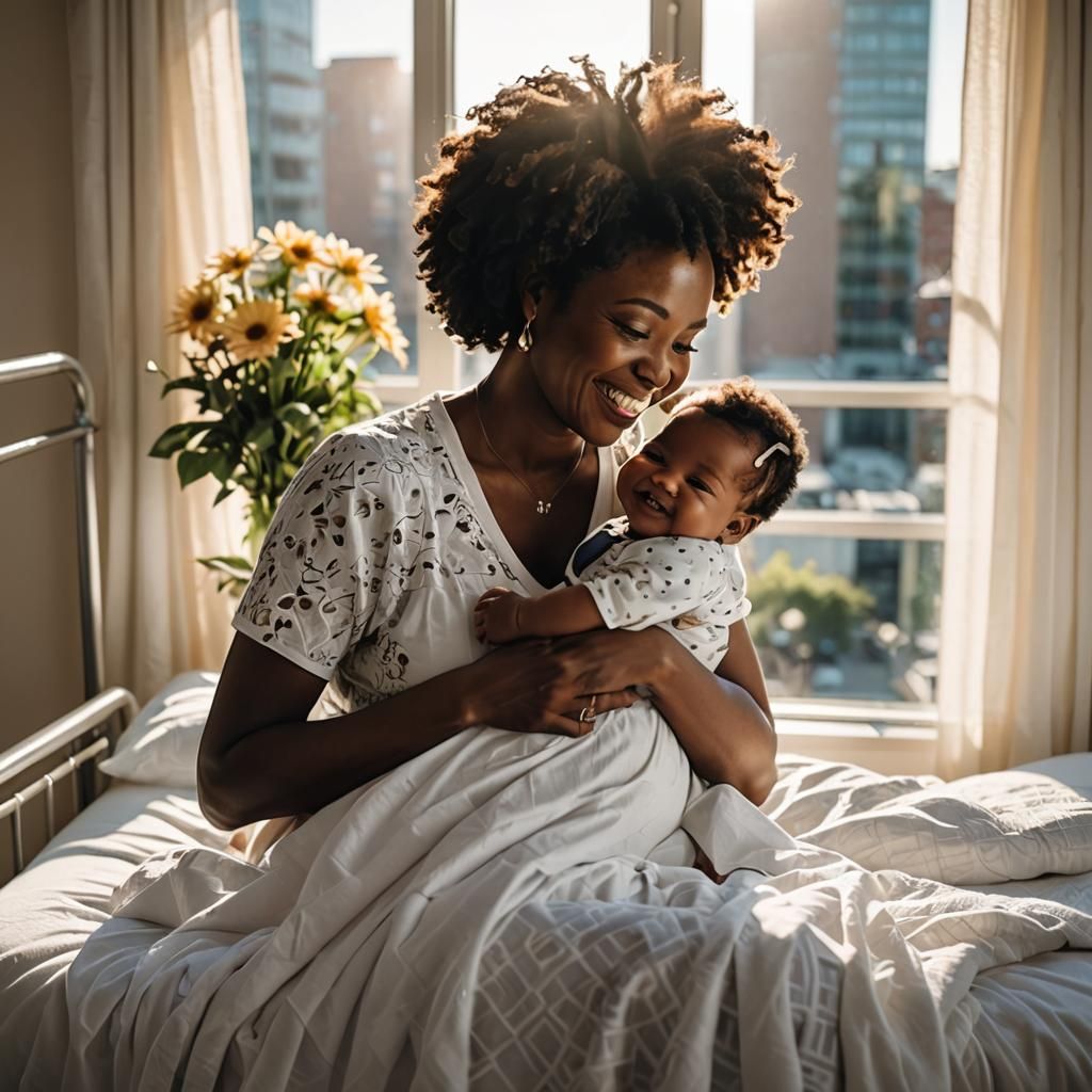 Tender Portrait: Mother and Newborn in Vaporwave Style