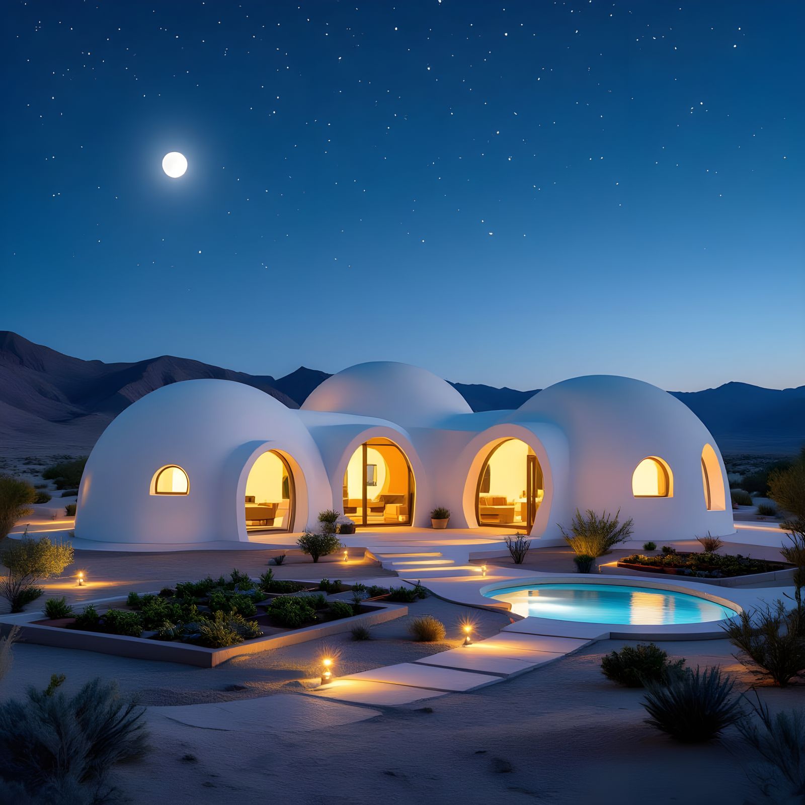Self-Sustaining Superadobe House at Night