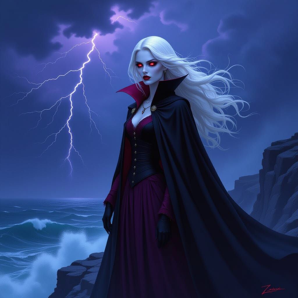 Vampire on Stormy Cliff Overlooking Sea