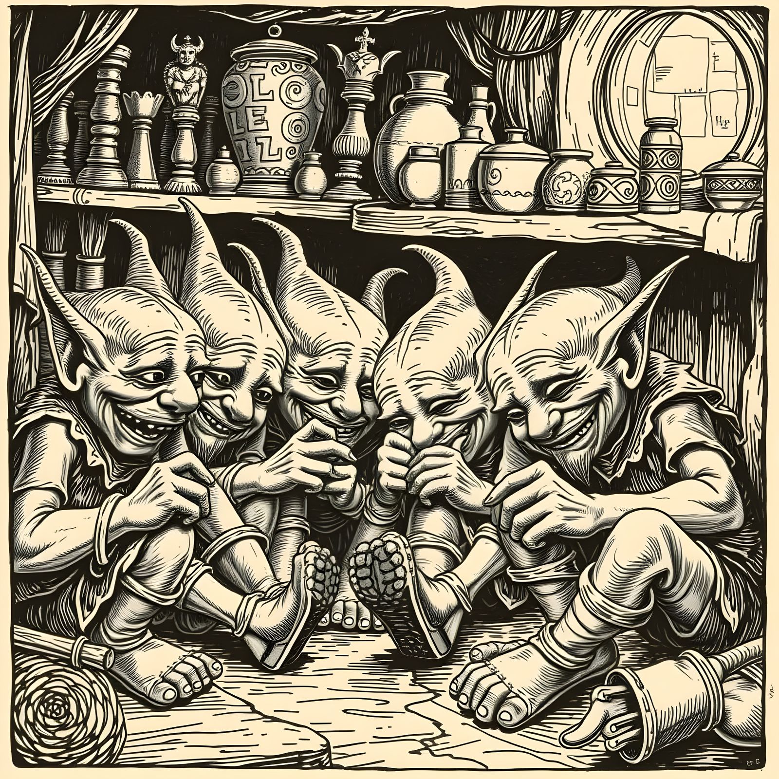 Whimsical Goblins at Work in a Medieval Woodcut Style
