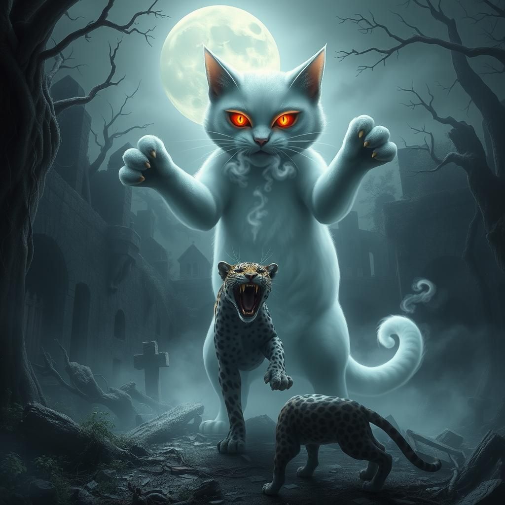Ethereal Ghost Cat Confronts Jaguar in Haunted Cemetery