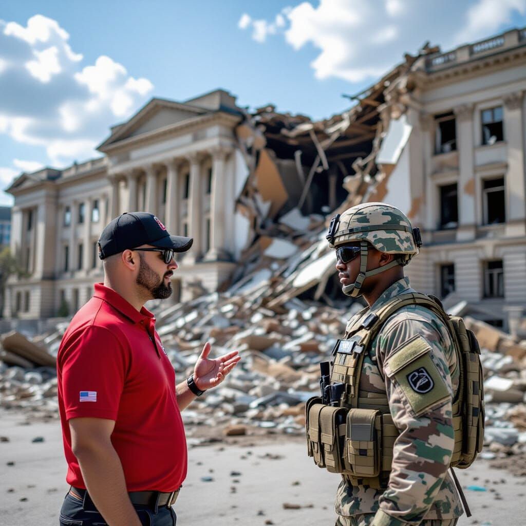 Damaged Government Building Amidst Chaos