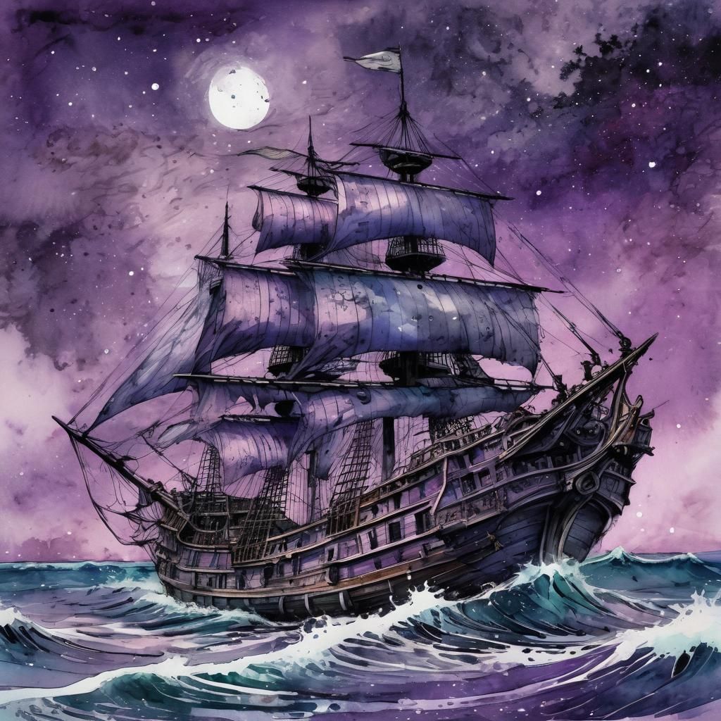 Purple Pirate Ship on Swirling Sea: Watercolor Art