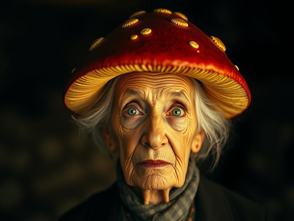 Elderly Woman with Mushroom Hat in Cinematic Style