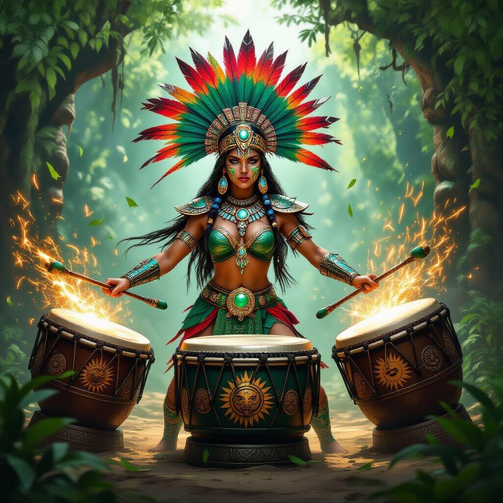 Aztec Warrior Maiden Plays Magical Drums in Sacred Jungle Cl...