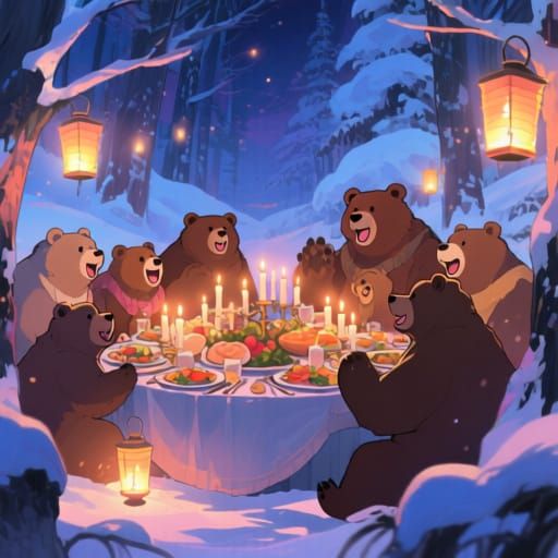 Bears Celebrate Candlelight Eve in Vibrant Anime Style