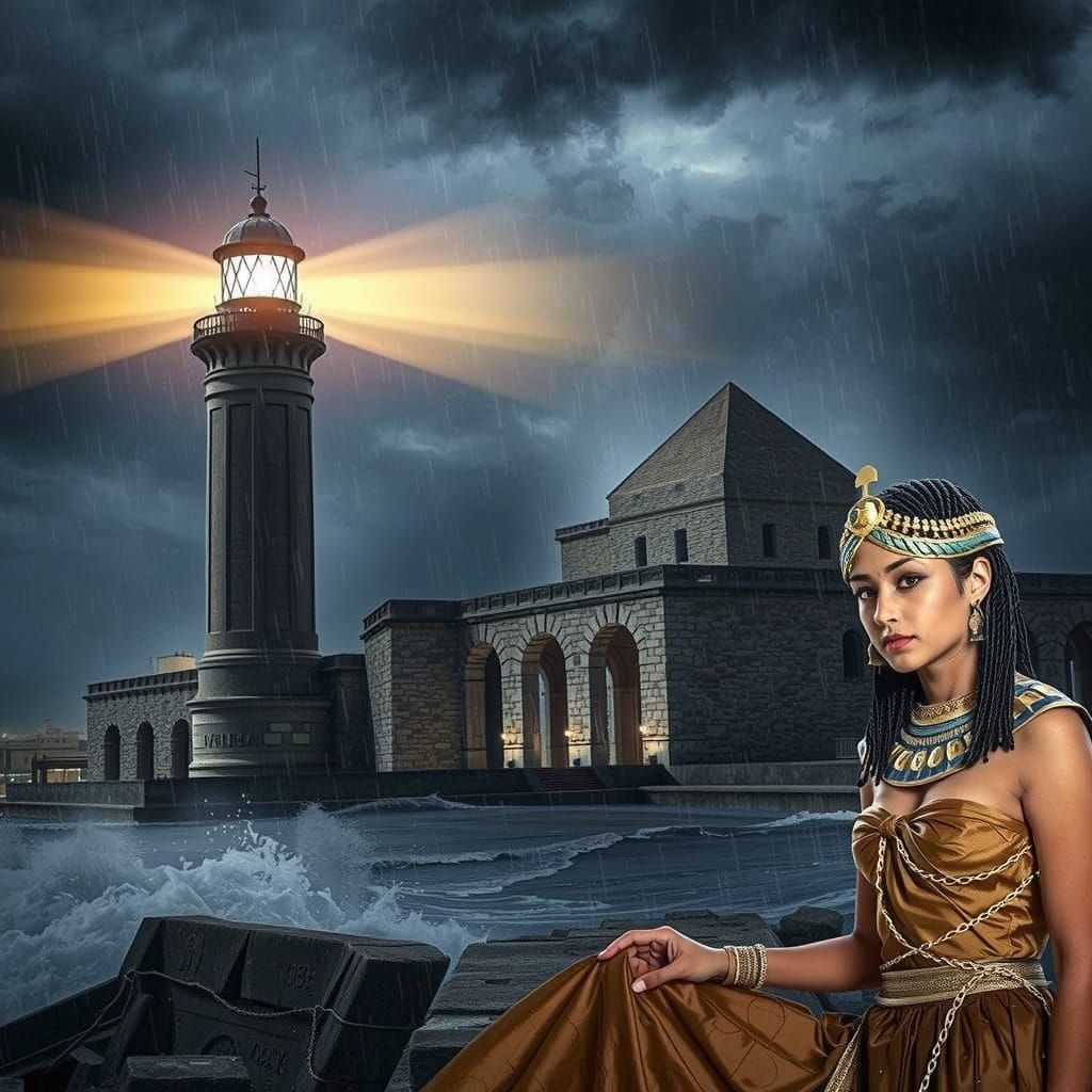 Antique Pharos Lighthouse at Night with Egyptian Woman