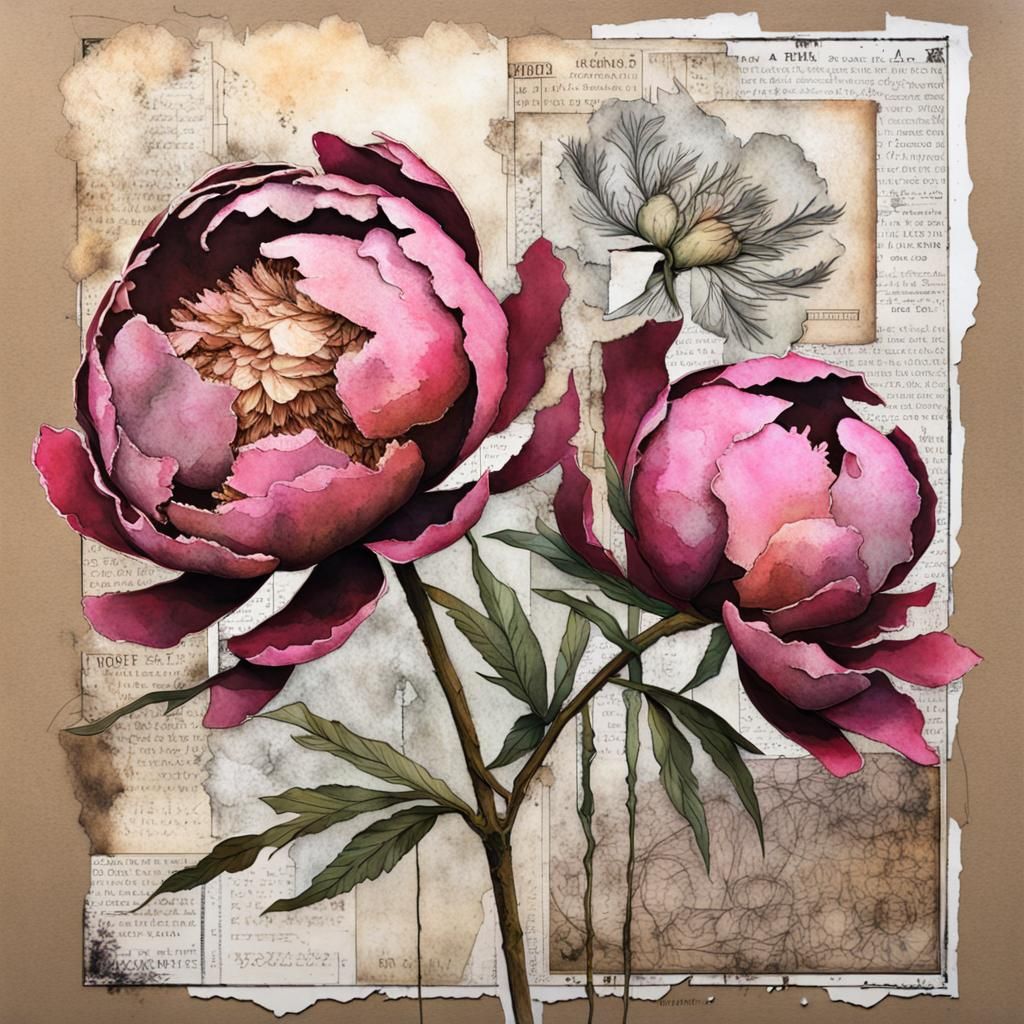 Decaying Peonies in Mixed Media Collage