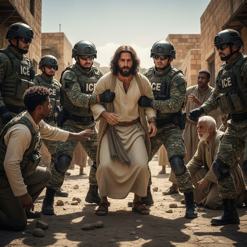Military Apprehend Jesus and Disciples in Realistic Style