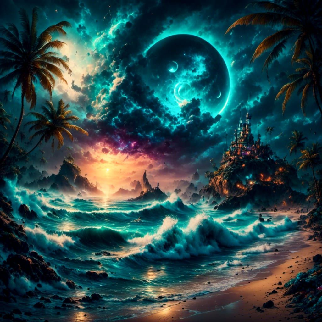 Iridescent Moon over Mystical Tropical Beach