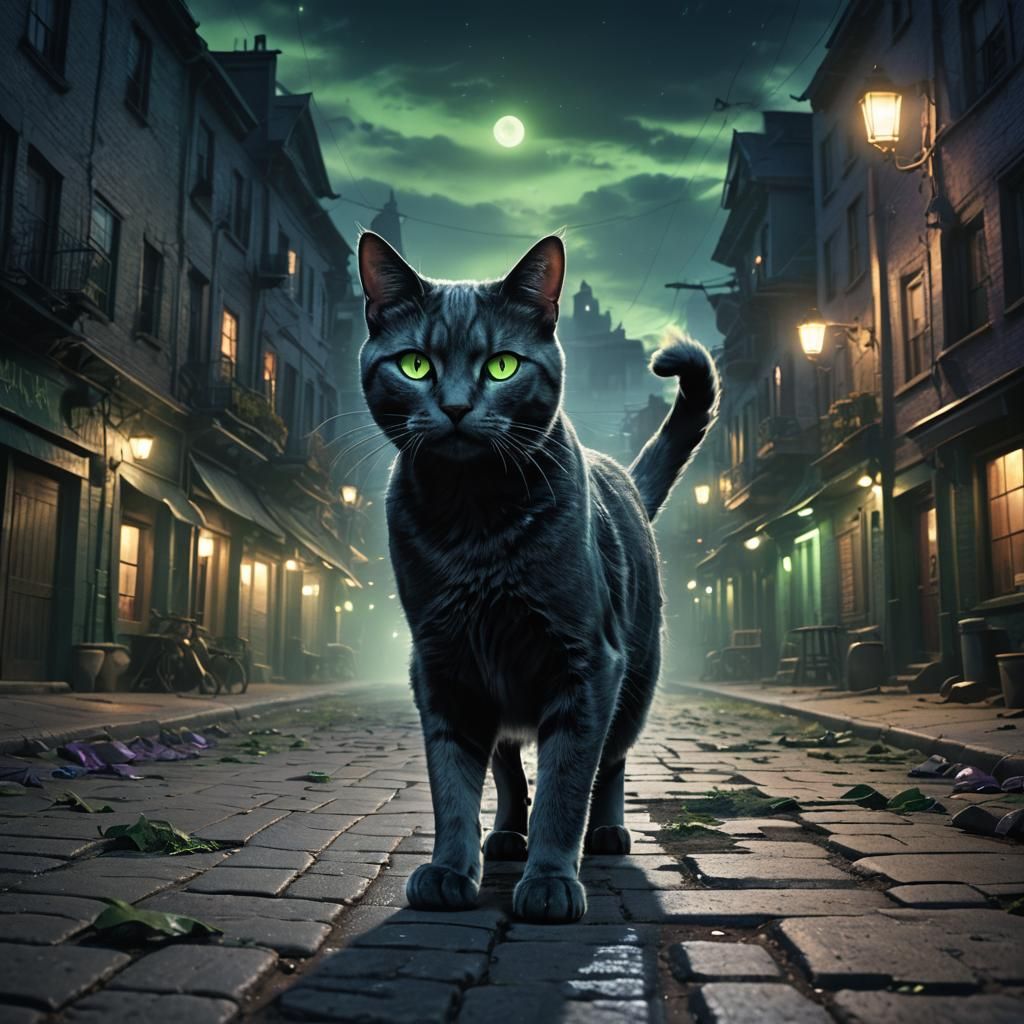 Sleek Cat with Glowing Eyes in Dark Street