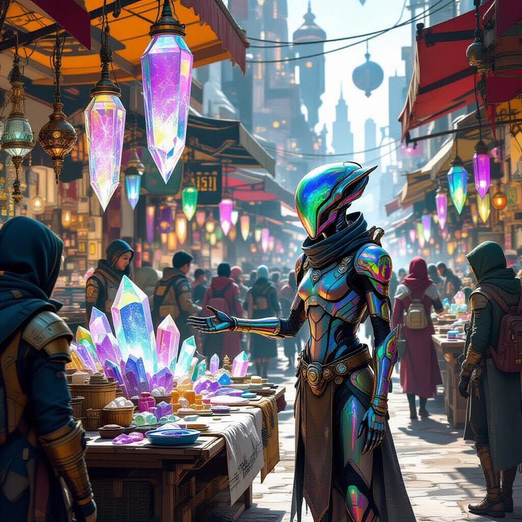 Bustling Alien Marketplace with Shimmering Crystals