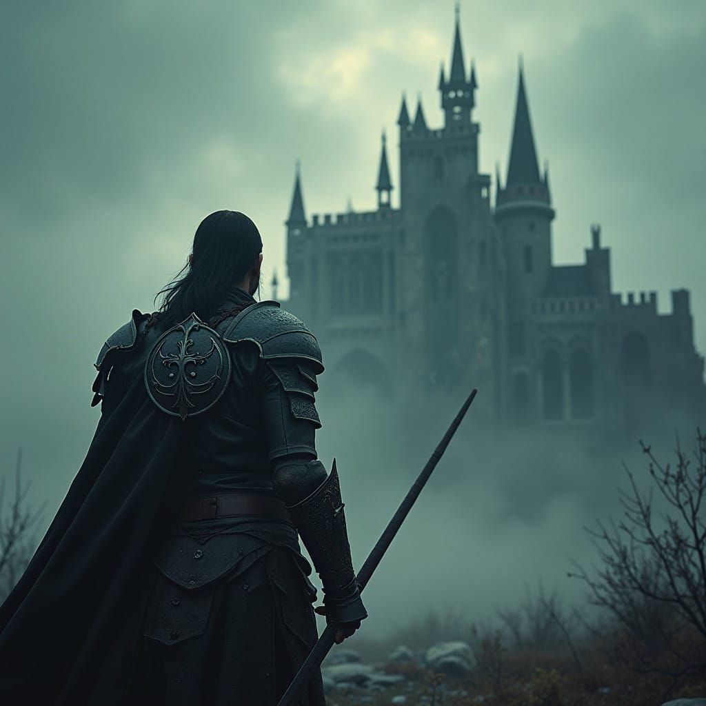 Dark Fantasy Warrior Before a Foreboding Castle