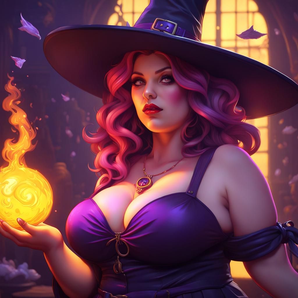 Plus Size Kawaii Witch Pinup in Dark Fantasy Style