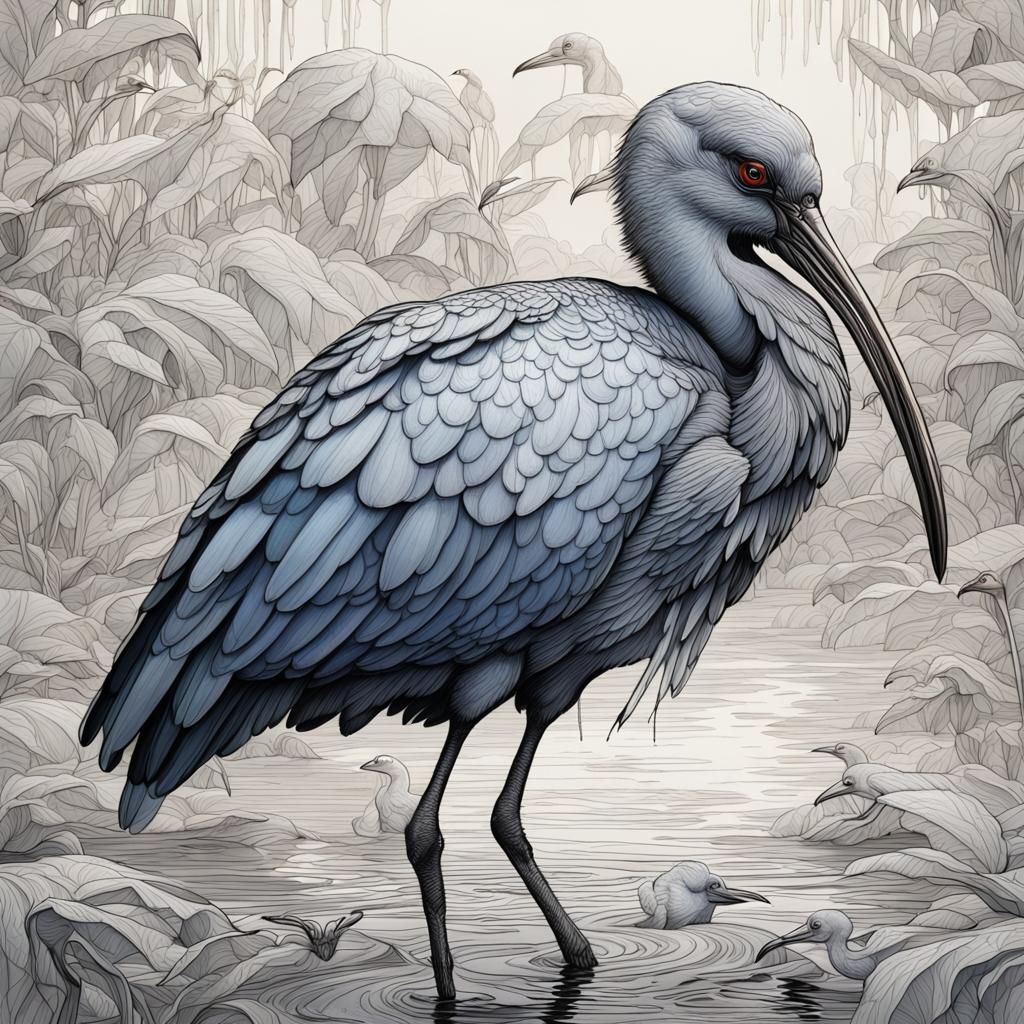 Iridescent Grey Ibis Ink Drawing