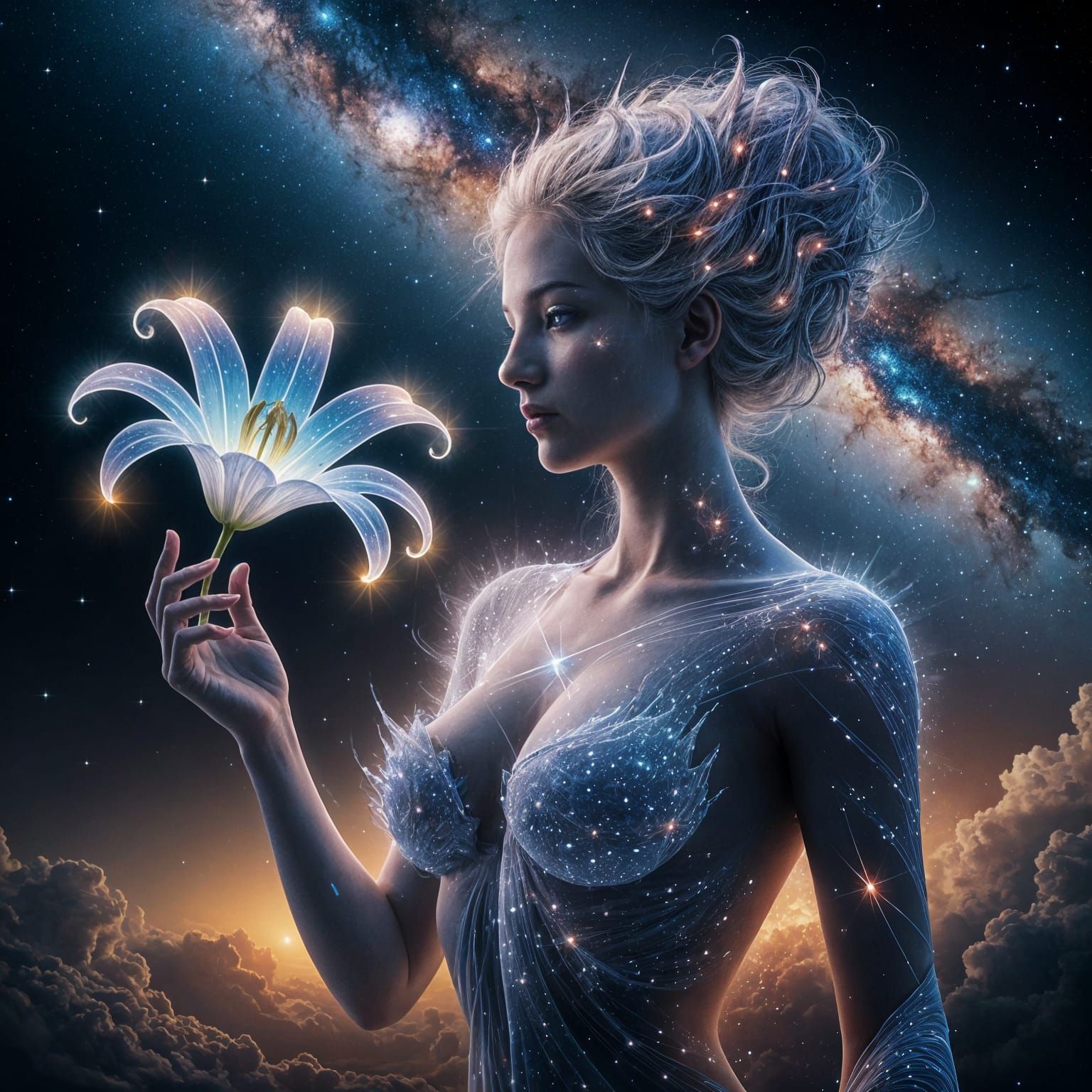Goddess of Creation with Lily in Cosmic Scene