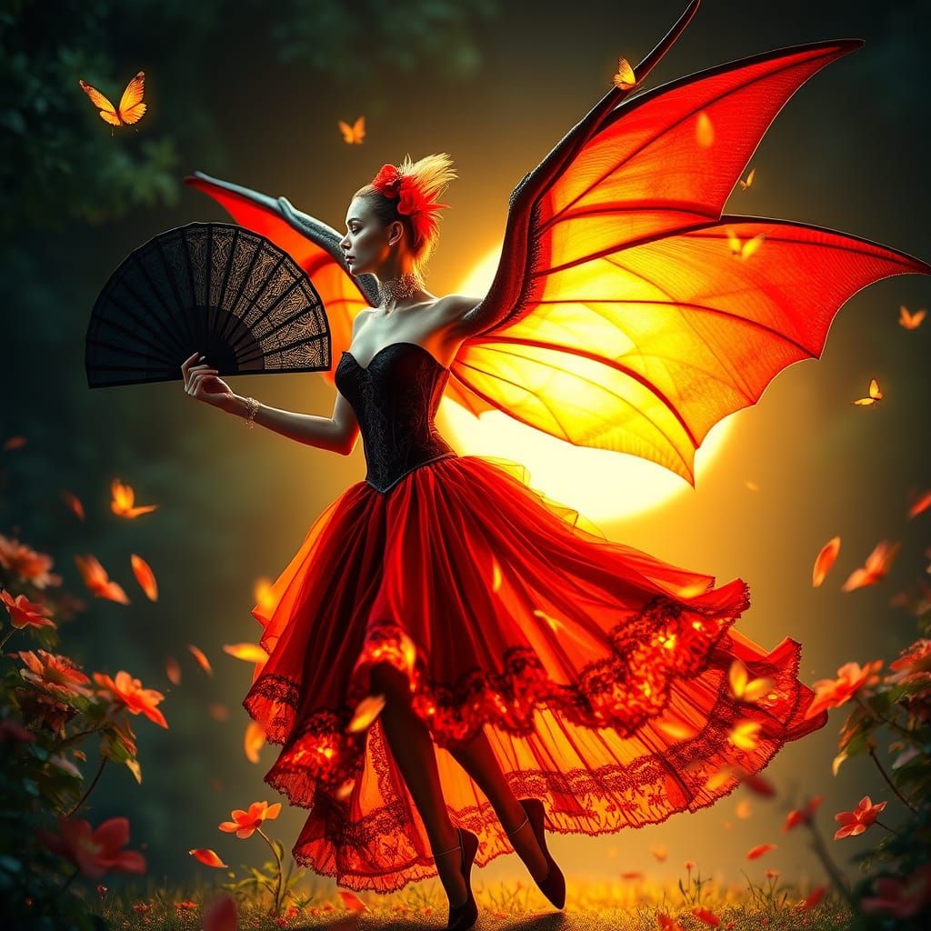 Pterodactyl Ballet Dancer in Moonlit Garden