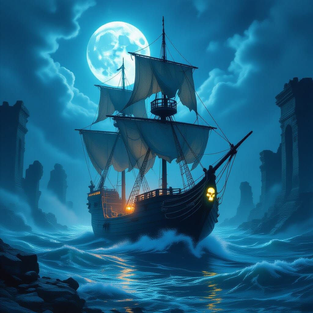 Ghostly Pirate Ship Rising from Bioluminescent Sea