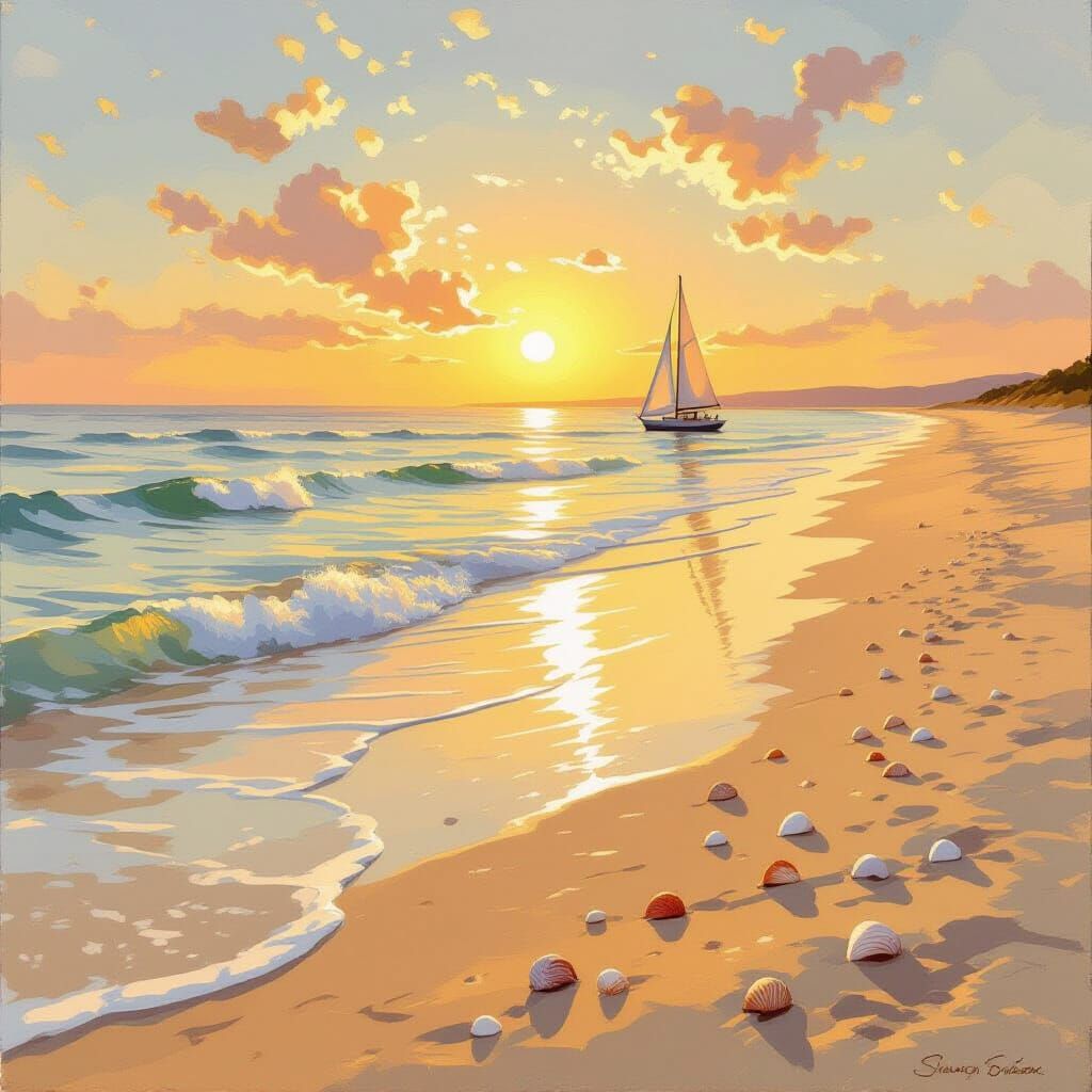 Serene Sunrise Beach Scene with Sailboat